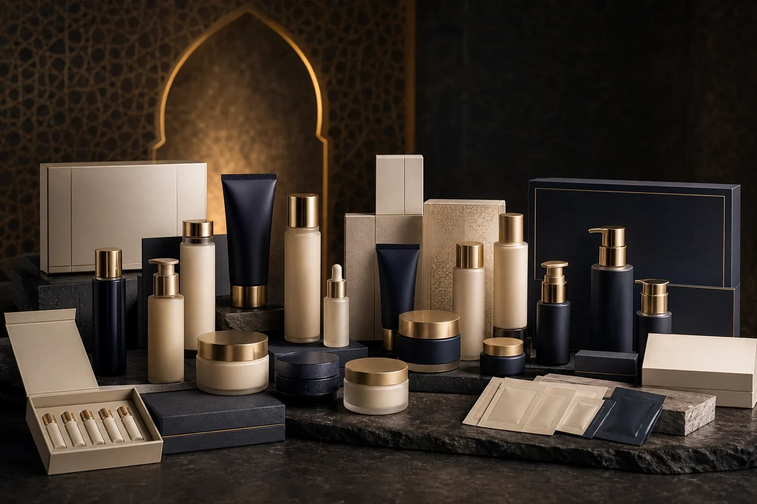 Premium cosmetic packaging samples prepared for buyer review