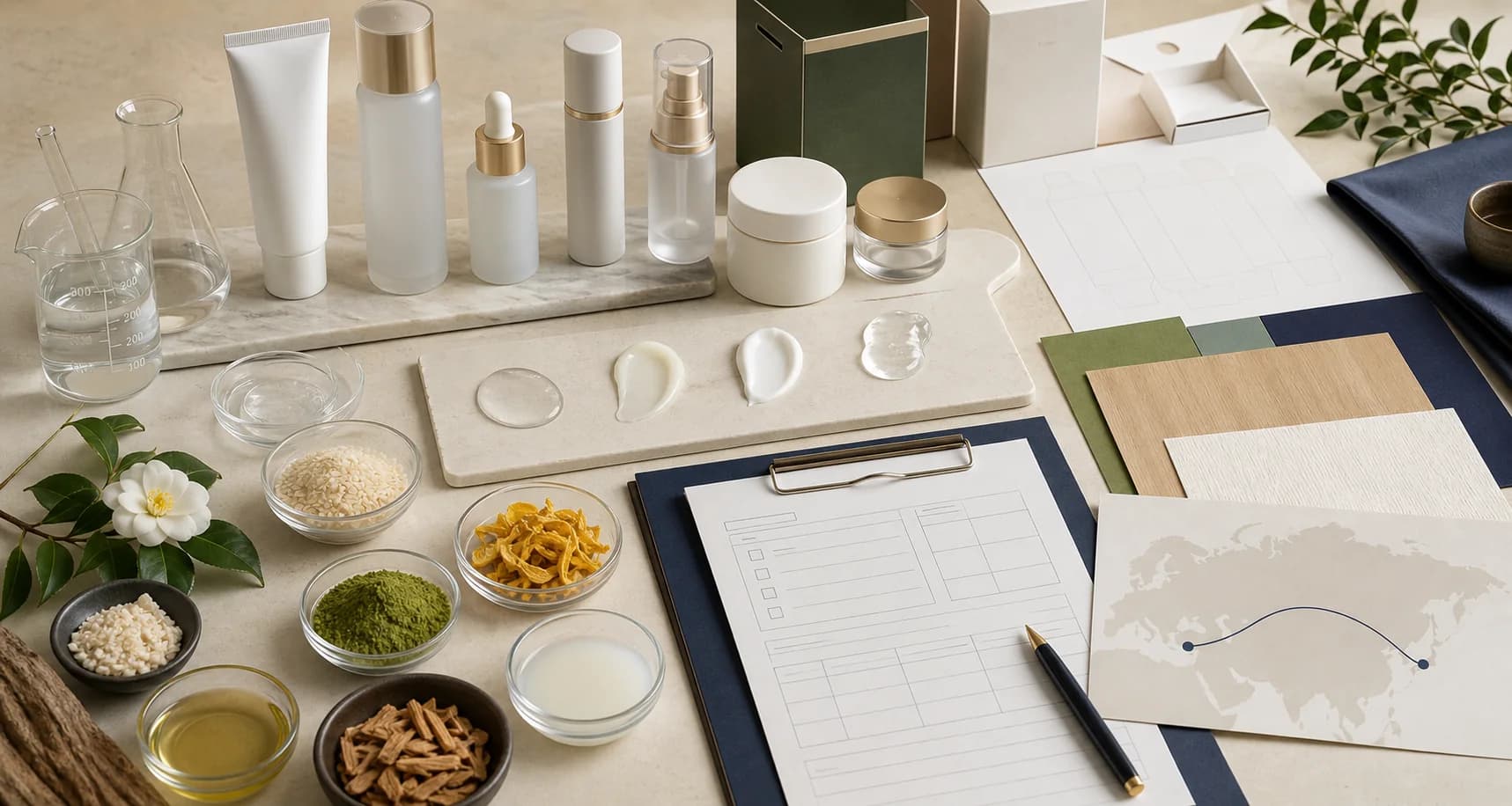 Japanese cosmetic development desk with samples and documents